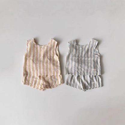ノースリーブセットアップ ストライプノースリーブシャツ+ショートパンツセットアップ 2点セット【mh0010352】
