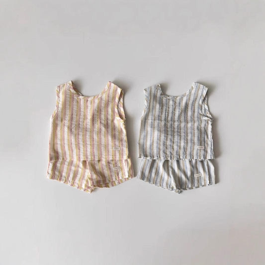 ノースリーブセットアップ ストライプノースリーブシャツ+ショートパンツセットアップ 2点セット【mh0010352】