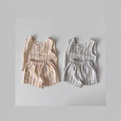 ノースリーブセットアップ ストライプノースリーブシャツ+ショートパンツセットアップ 2点セット【mh0010352】