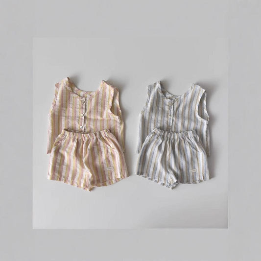 ノースリーブセットアップ ストライプノースリーブシャツ+ショートパンツセットアップ 2点セット【mh0010352】