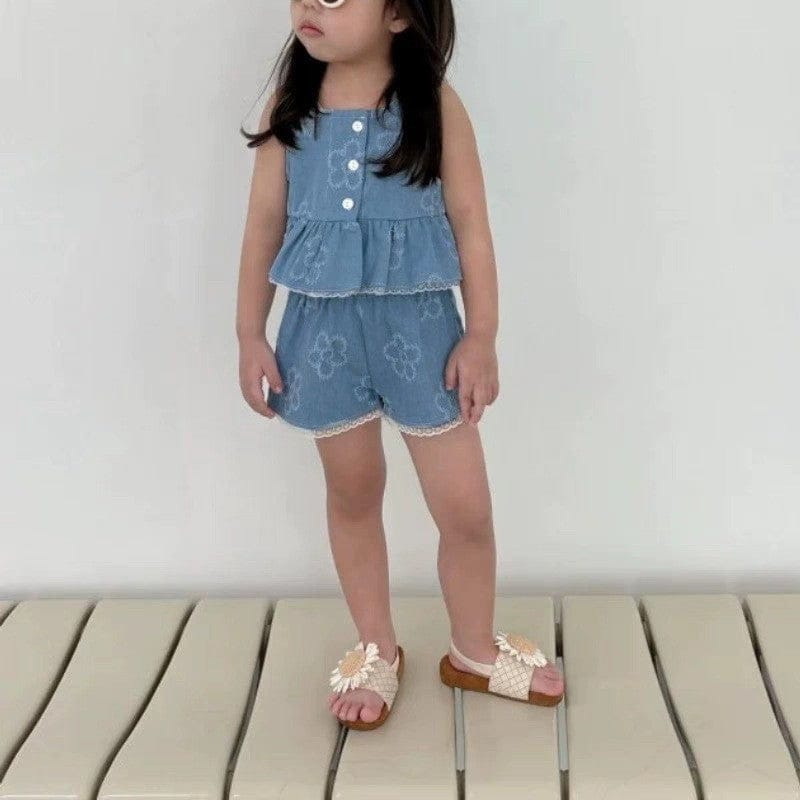 ノースリーブセットアップ フラワーデニムキャミソールトップス+ショートパンツセットアップ 2点セット【mh0010356】