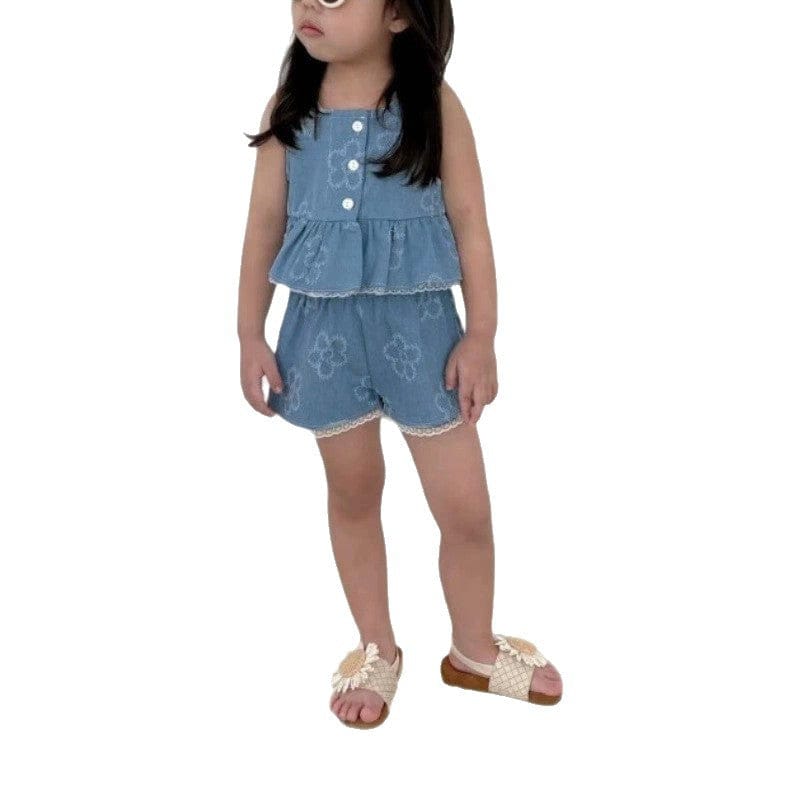 ノースリーブセットアップ フラワーデニムキャミソールトップス+ショートパンツセットアップ 2点セット【mh0010356】