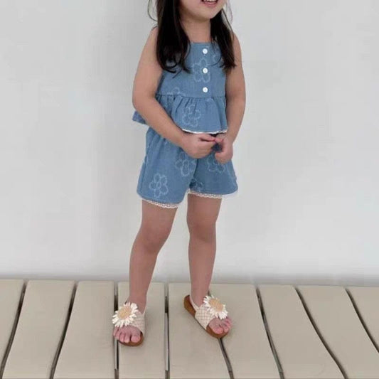 ノースリーブセットアップ フラワーデニムキャミソールトップス+ショートパンツセットアップ 2点セット【mh0010356】