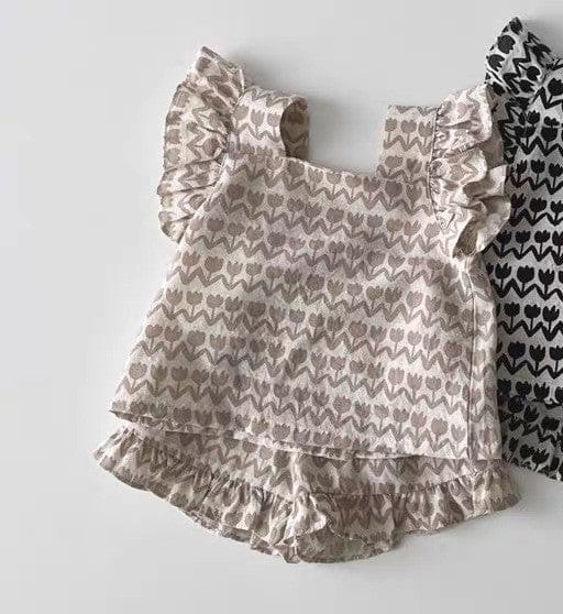 ノースリーブセットアップ チューリップフリルショルダーブラウス+フリルショートパンツセットアップ 2点セット【mh0010367】