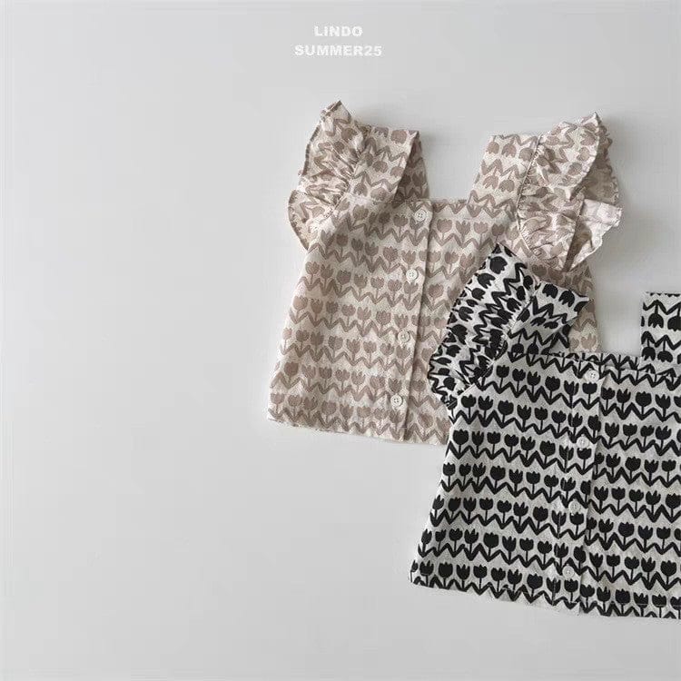 ノースリーブセットアップ チューリップフリルショルダーブラウス+フリルショートパンツセットアップ 2点セット【mh0010367】