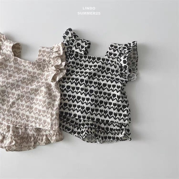 ノースリーブセットアップ チューリップフリルショルダーブラウス+フリルショートパンツセットアップ 2点セット【mh0010367】