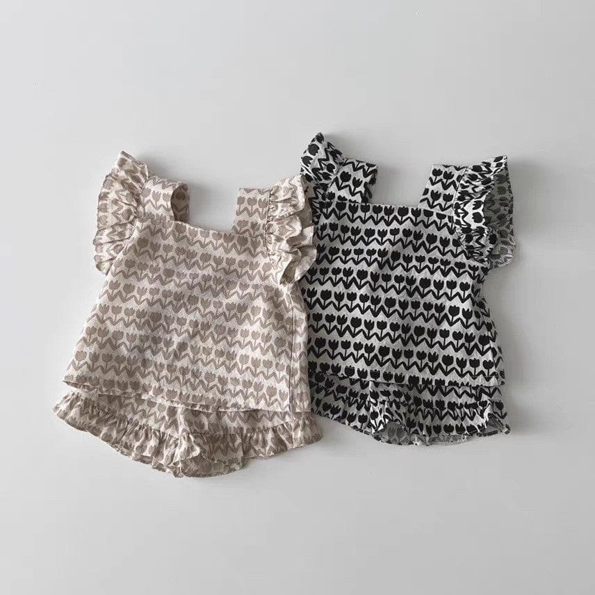 ノースリーブセットアップ チューリップフリルショルダーブラウス+フリルショートパンツセットアップ 2点セット【mh0010367】