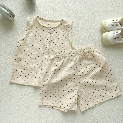 ノースリーブセットアップ ストライプ/ドットノースリーブシャツ+ショートパンツセットアップ 2点セット【mh0010375】