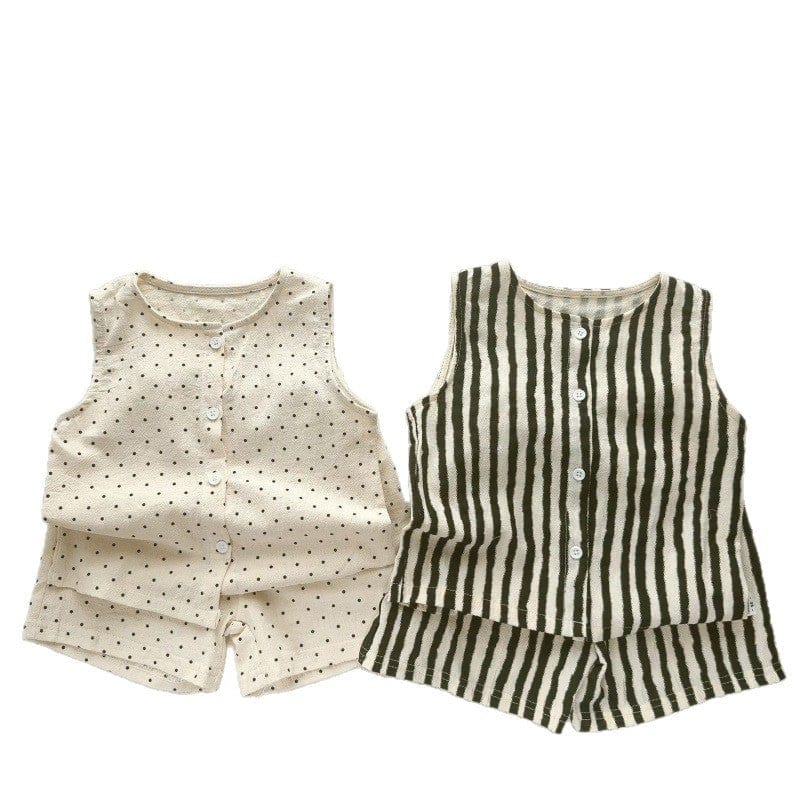 ノースリーブセットアップ ストライプ/ドットノースリーブシャツ+ショートパンツセットアップ 2点セット【mh0010375】