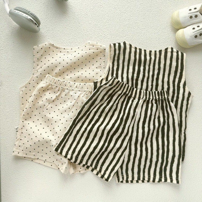 ノースリーブセットアップ ストライプ/ドットノースリーブシャツ+ショートパンツセットアップ 2点セット【mh0010375】