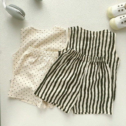 ノースリーブセットアップ ストライプ/ドットノースリーブシャツ+ショートパンツセットアップ 2点セット【mh0010375】