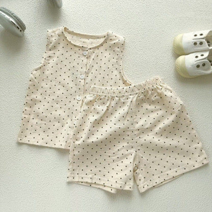 ノースリーブセットアップ ストライプ/ドットノースリーブシャツ+ショートパンツセットアップ 2点セット【mh0010375】