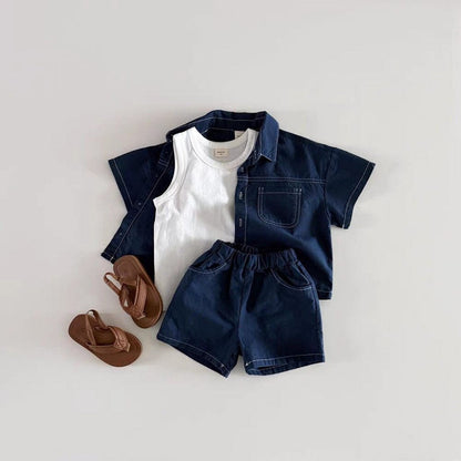 半袖セットアップ デニム半袖シャツ+ショートパンツセットアップ 2点セット【mh0010376】
