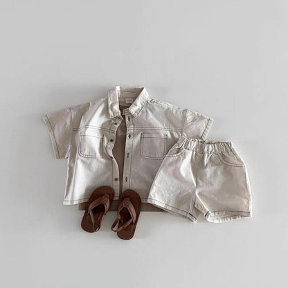 半袖セットアップ デニム半袖シャツ+ショートパンツセットアップ 2点セット【mh0010376】