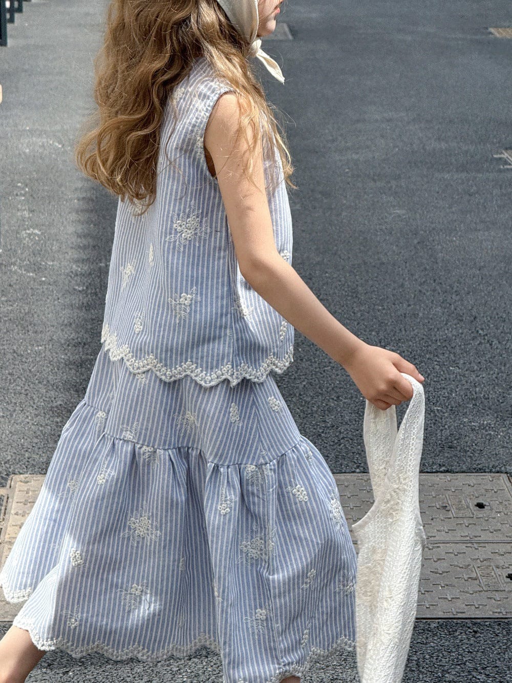 ノースリーブセットアップ ストライプ刺繍ノースリーブブラウス+スカートセットアップ 2点セット【mh0010392】