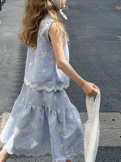 ノースリーブセットアップ ストライプ刺繍ノースリーブブラウス+スカートセットアップ 2点セット【mh0010392】