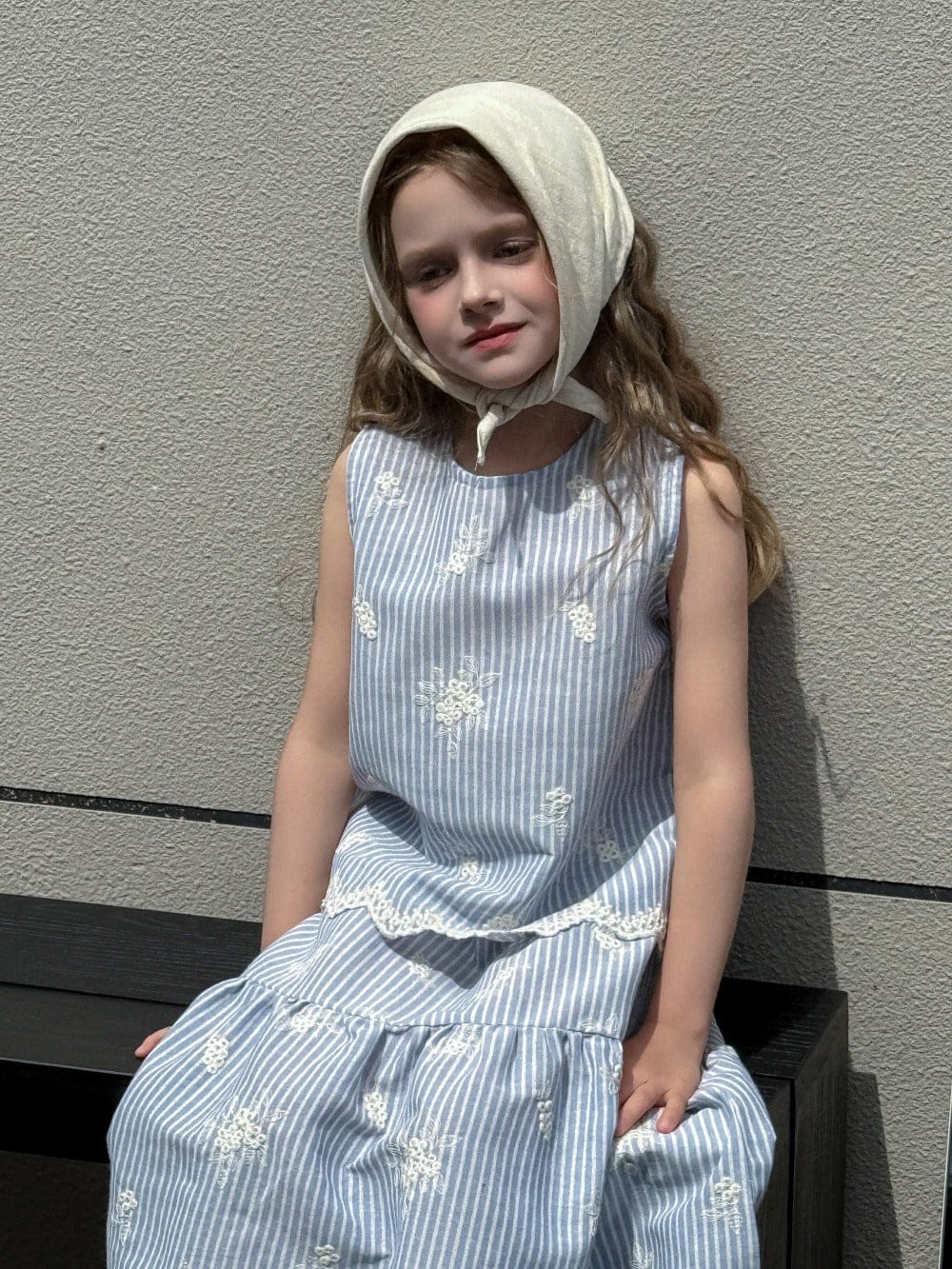 ノースリーブセットアップ ストライプ刺繍ノースリーブブラウス+スカートセットアップ 2点セット【mh0010392】