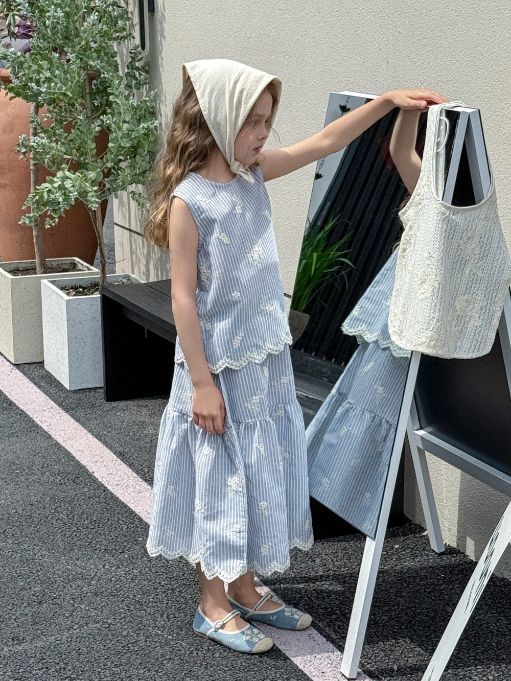 ノースリーブセットアップ ストライプ刺繍ノースリーブブラウス+スカートセットアップ 2点セット【mh0010392】