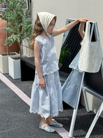 ノースリーブセットアップ ストライプ刺繍ノースリーブブラウス+スカートセットアップ 2点セット【mh0010392】