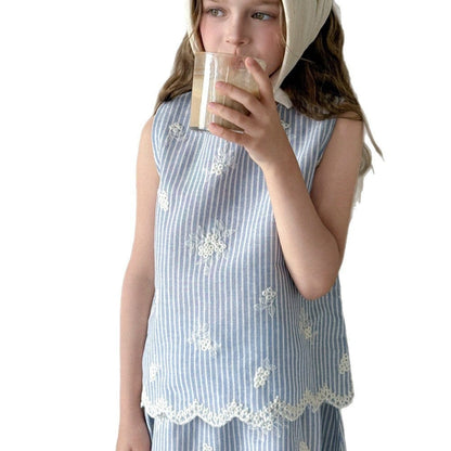 ノースリーブセットアップ ストライプ刺繍ノースリーブブラウス+スカートセットアップ 2点セット【mh0010392】