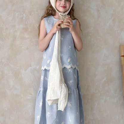 ノースリーブセットアップ ストライプ刺繍ノースリーブブラウス+スカートセットアップ 2点セット【mh0010392】