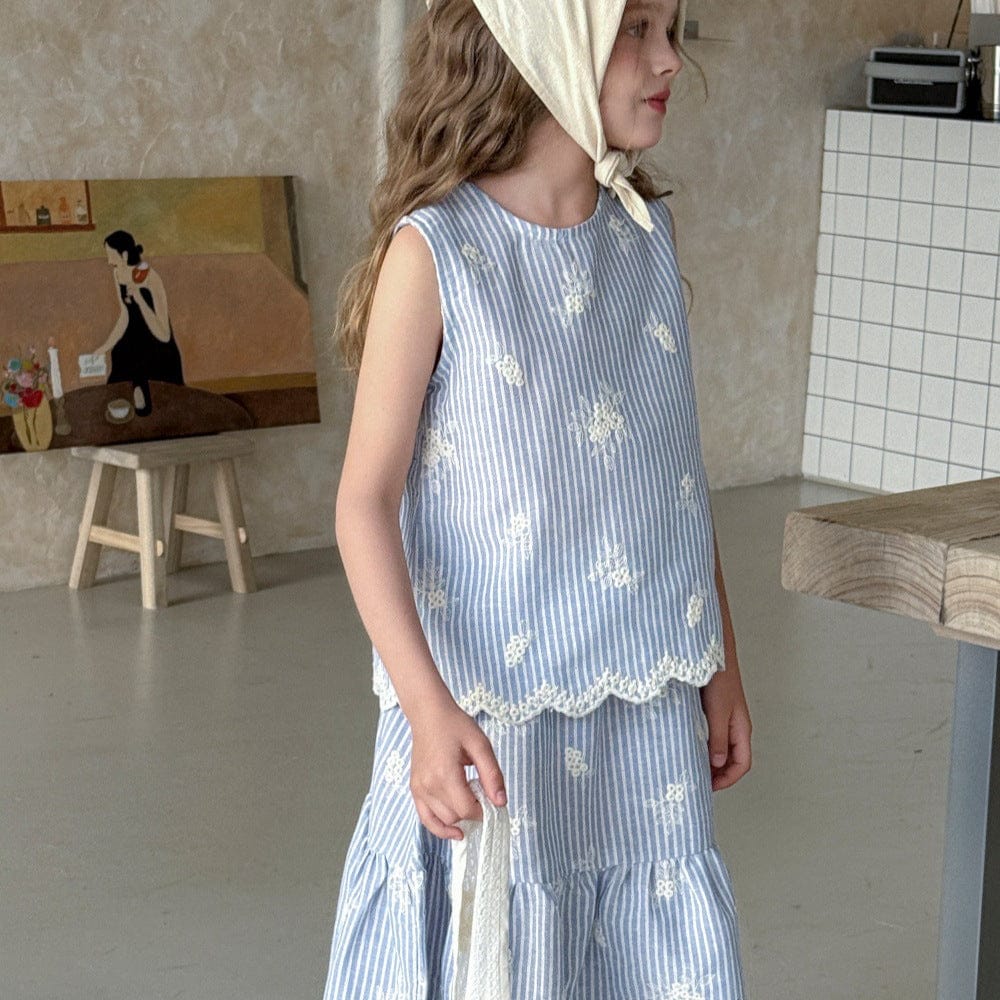 ノースリーブセットアップ ストライプ刺繍ノースリーブブラウス+スカートセットアップ 2点セット【mh0010392】