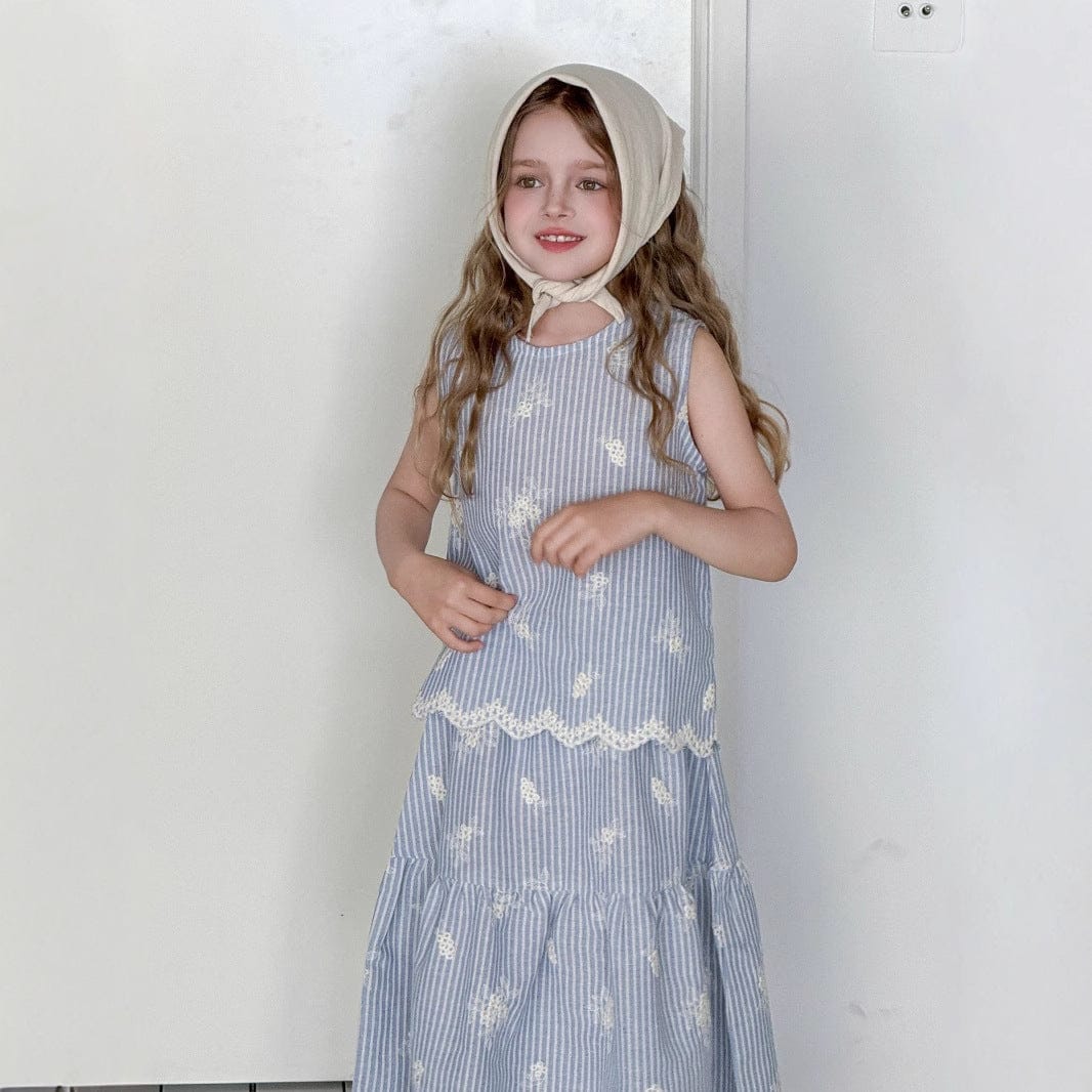 ノースリーブセットアップ ストライプ刺繍ノースリーブブラウス+スカートセットアップ 2点セット【mh0010392】