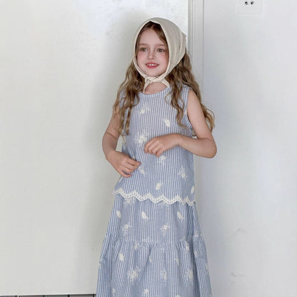 ノースリーブセットアップ ストライプ刺繍ノースリーブブラウス+スカートセットアップ 2点セット【mh0010392】