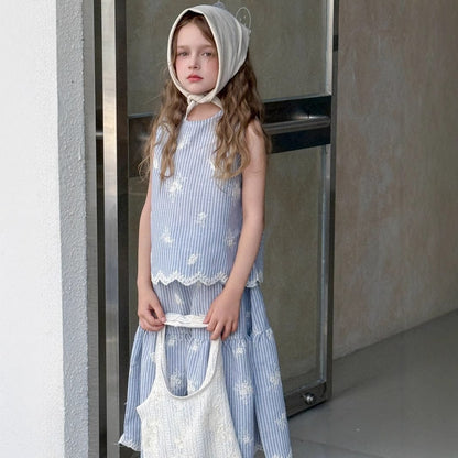 ノースリーブセットアップ ストライプ刺繍ノースリーブブラウス+スカートセットアップ 2点セット【mh0010392】