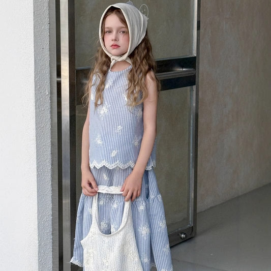 ノースリーブセットアップ ストライプ刺繍ノースリーブブラウス+スカートセットアップ 2点セット【mh0010392】