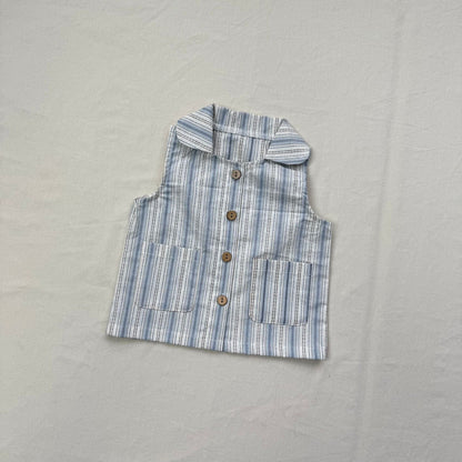 ノースリーブセットアップ ストライプ襟付きノースリーブシャツ+ショートパンツセットアップ 2点セット【mh0010413】