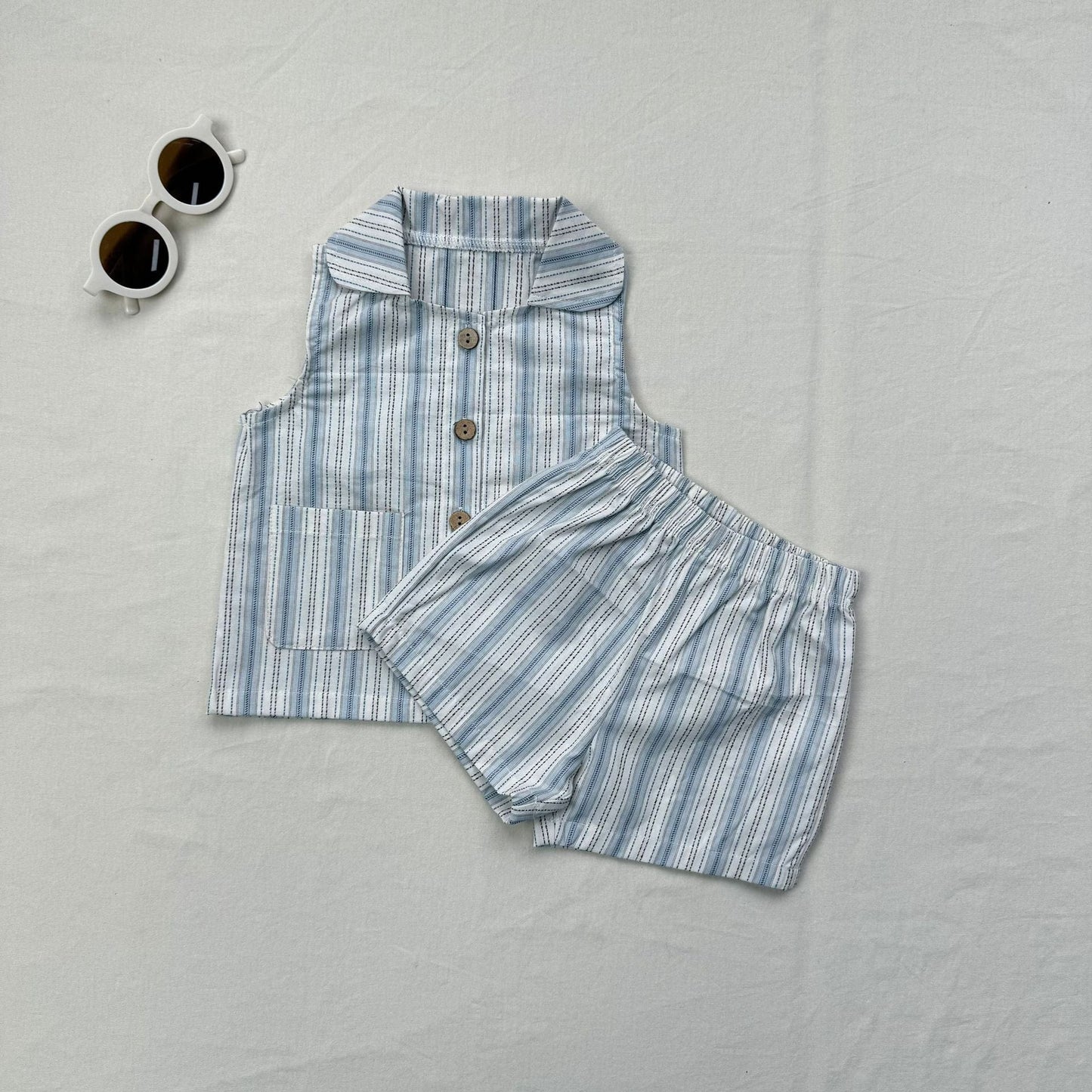 ノースリーブセットアップ ストライプ襟付きノースリーブシャツ+ショートパンツセットアップ 2点セット【mh0010413】