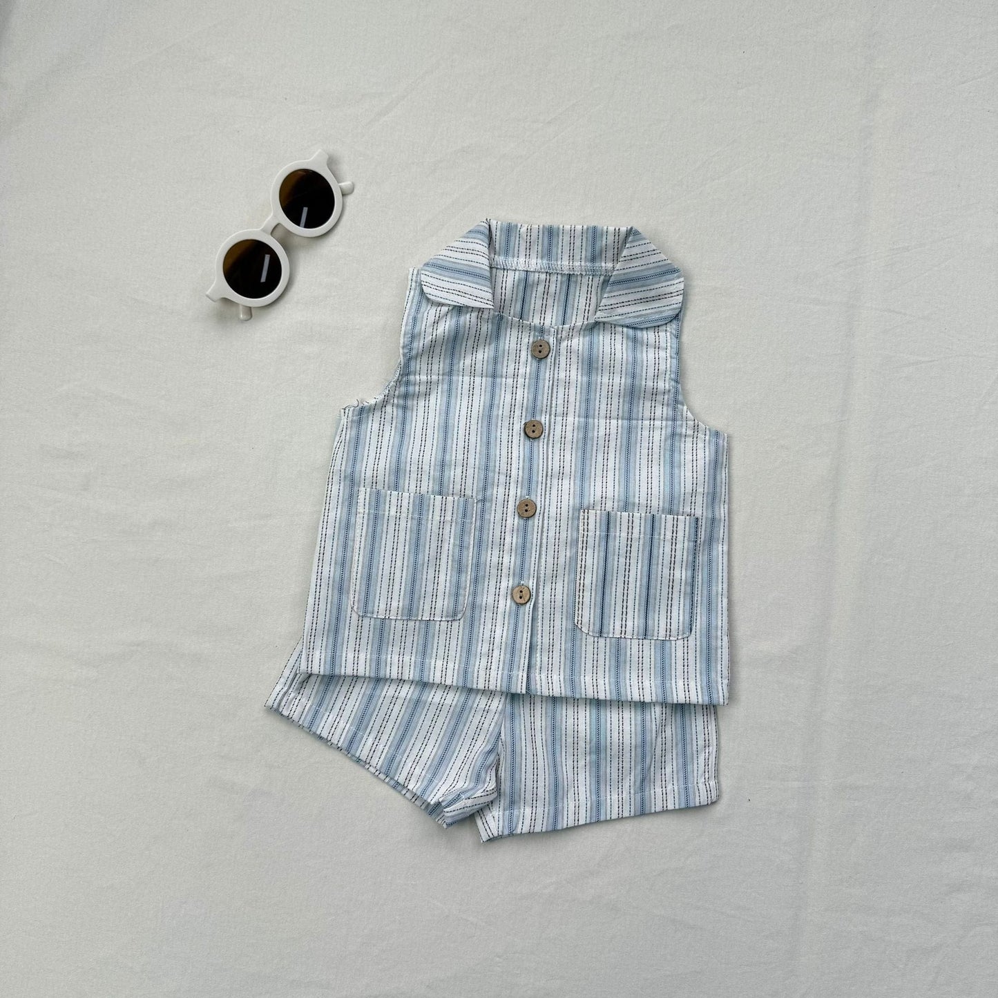 ノースリーブセットアップ ストライプ襟付きノースリーブシャツ+ショートパンツセットアップ 2点セット【mh0010413】