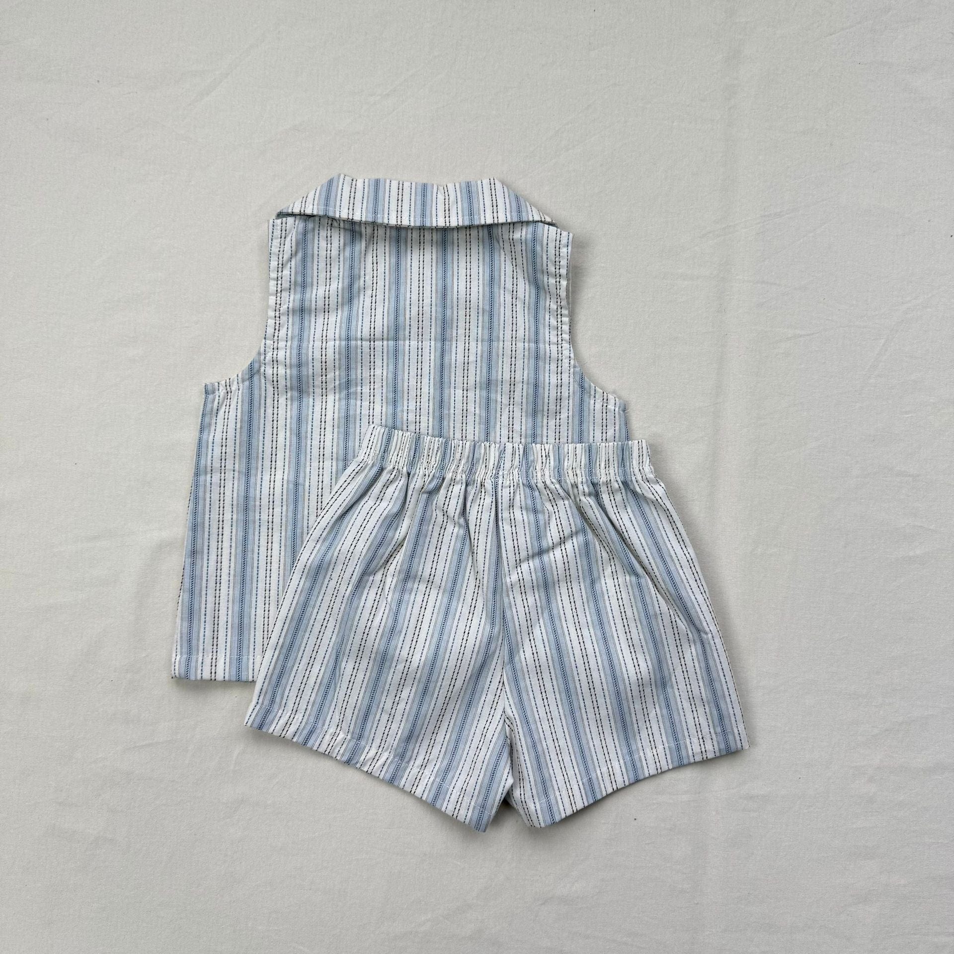 ノースリーブセットアップ ストライプ襟付きノースリーブシャツ+ショートパンツセットアップ 2点セット【mh0010413】