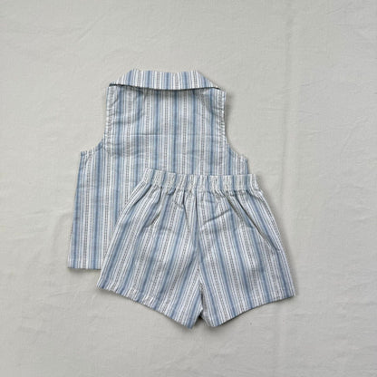 ノースリーブセットアップ ストライプ襟付きノースリーブシャツ+ショートパンツセットアップ 2点セット【mh0010413】