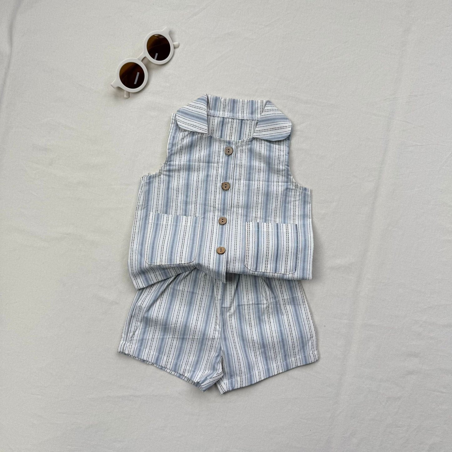 ノースリーブセットアップ ストライプ襟付きノースリーブシャツ+ショートパンツセットアップ 2点セット【mh0010413】