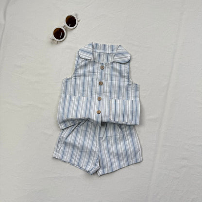 ノースリーブセットアップ ストライプ襟付きノースリーブシャツ+ショートパンツセットアップ 2点セット【mh0010413】