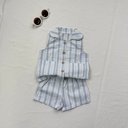 ノースリーブセットアップ ストライプ襟付きノースリーブシャツ+ショートパンツセットアップ 2点セット【mh0010413】