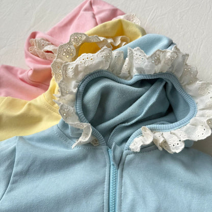 長袖セットアップ レースフリル付きセットアップ ジップアップフーディ+パンツ 2点セット【mh0010792】