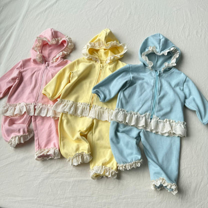 長袖セットアップ レースフリル付きセットアップ ジップアップフーディ+パンツ 2点セット【mh0010792】