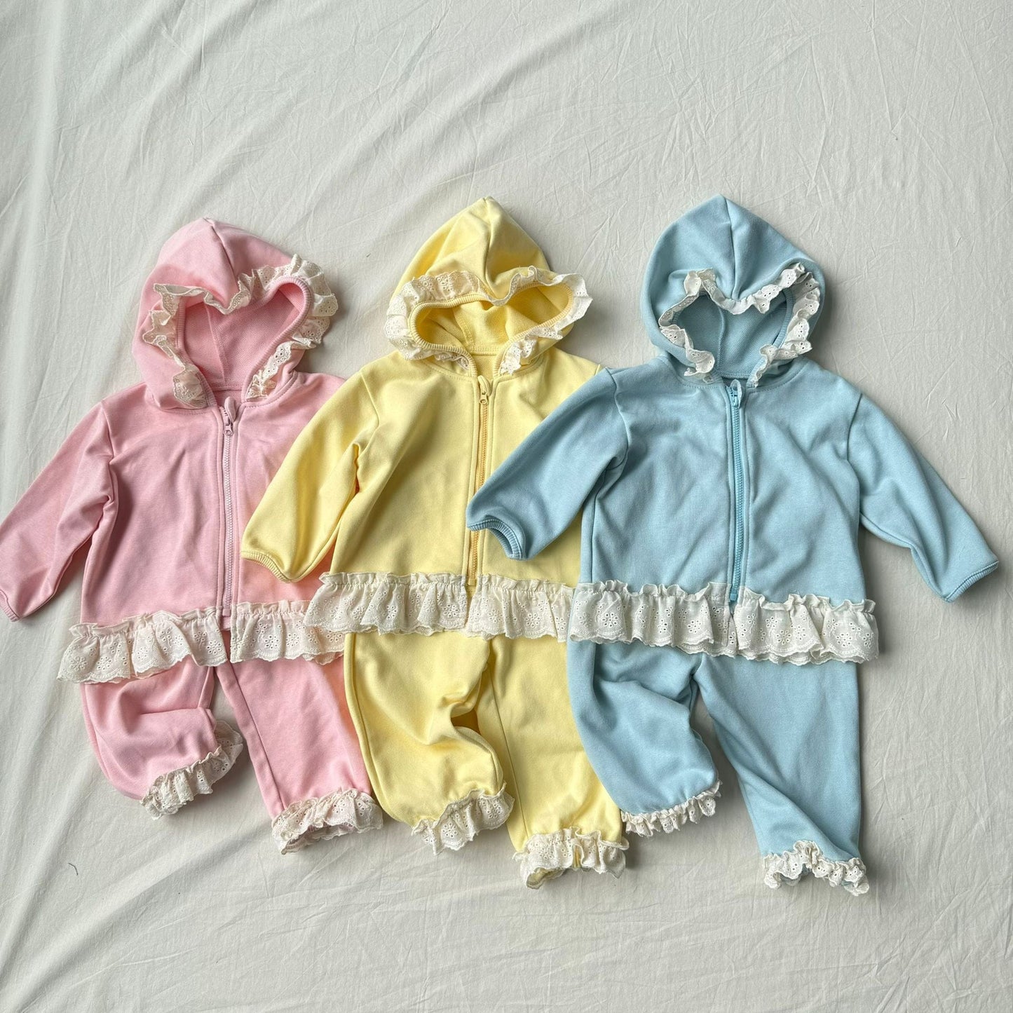 長袖セットアップ レースフリル付きセットアップ ジップアップフーディ+パンツ 2点セット【mh0010792】