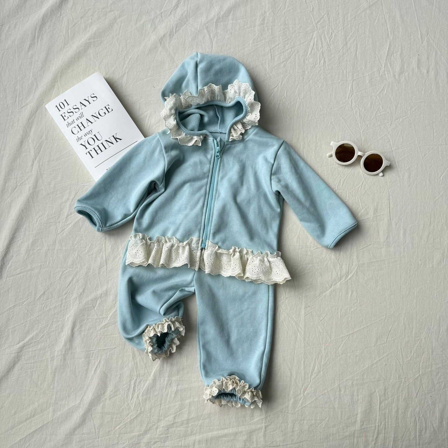 長袖セットアップ レースフリル付きセットアップ ジップアップフーディ+パンツ 2点セット【mh0010792】