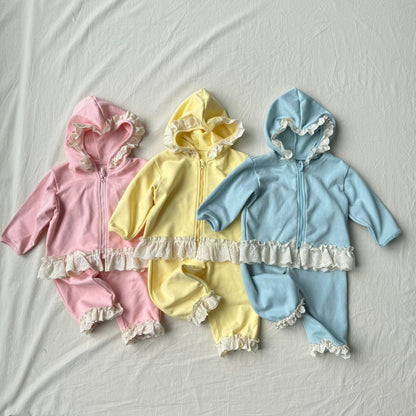 長袖セットアップ レースフリル付きセットアップ ジップアップフーディ+パンツ 2点セット【mh0010792】