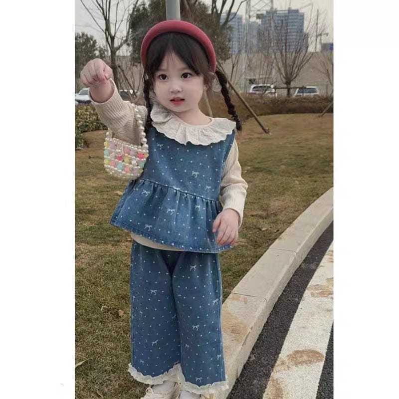 ノースリーブセットアップ ドットリボンデニムベスト+パンツセットアップ 2点セット【mh0011020】