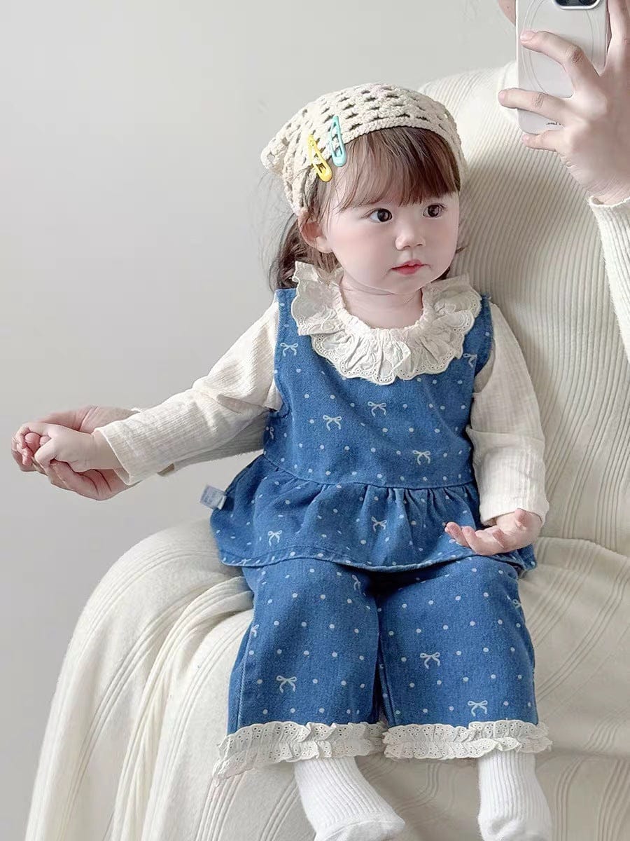 ノースリーブセットアップ ドットリボンデニムベスト+パンツセットアップ 2点セット【mh0011020】