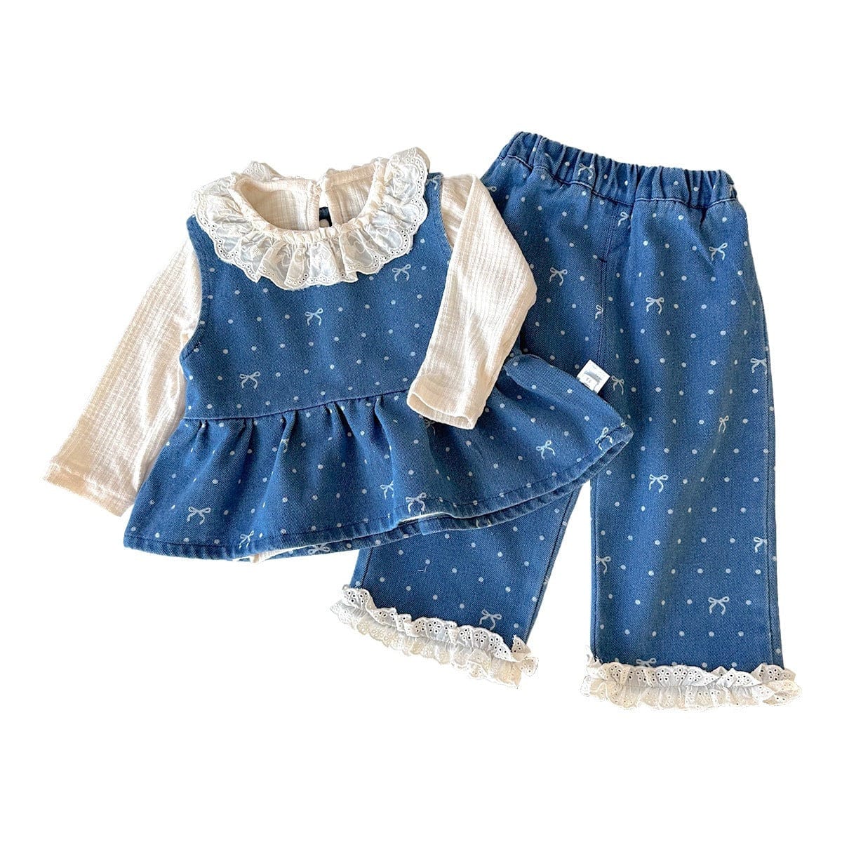 ノースリーブセットアップ ドットリボンデニムベスト+パンツセットアップ 2点セット【mh0011020】