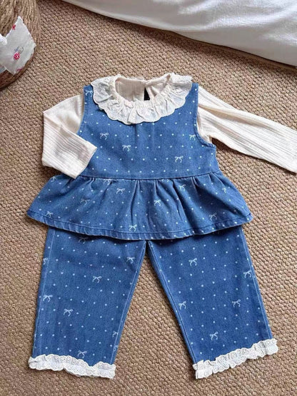 ノースリーブセットアップ ドットリボンデニムベスト+パンツセットアップ 2点セット【mh0011020】