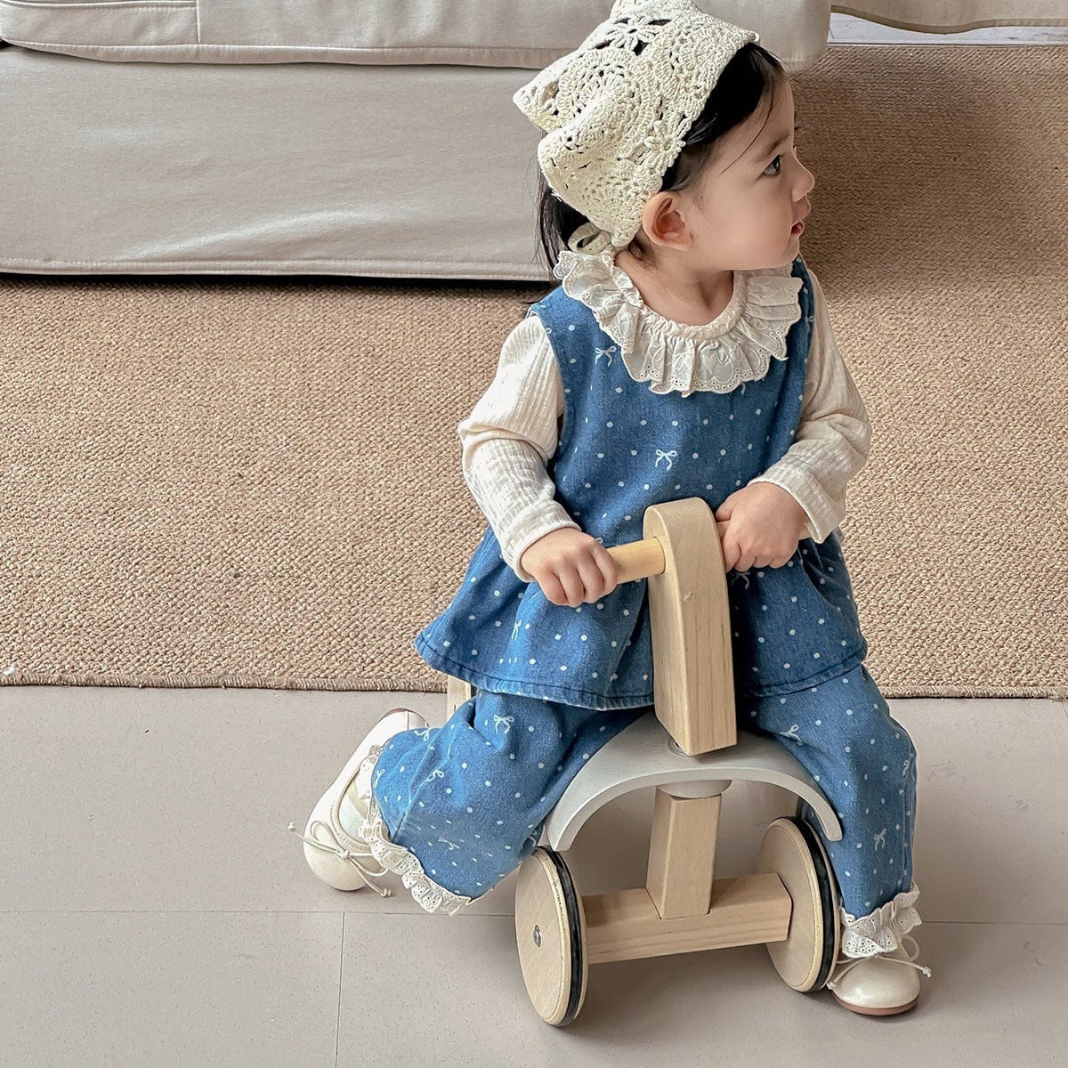 ノースリーブセットアップ ドットリボンデニムベスト+パンツセットアップ 2点セット【mh0011020】