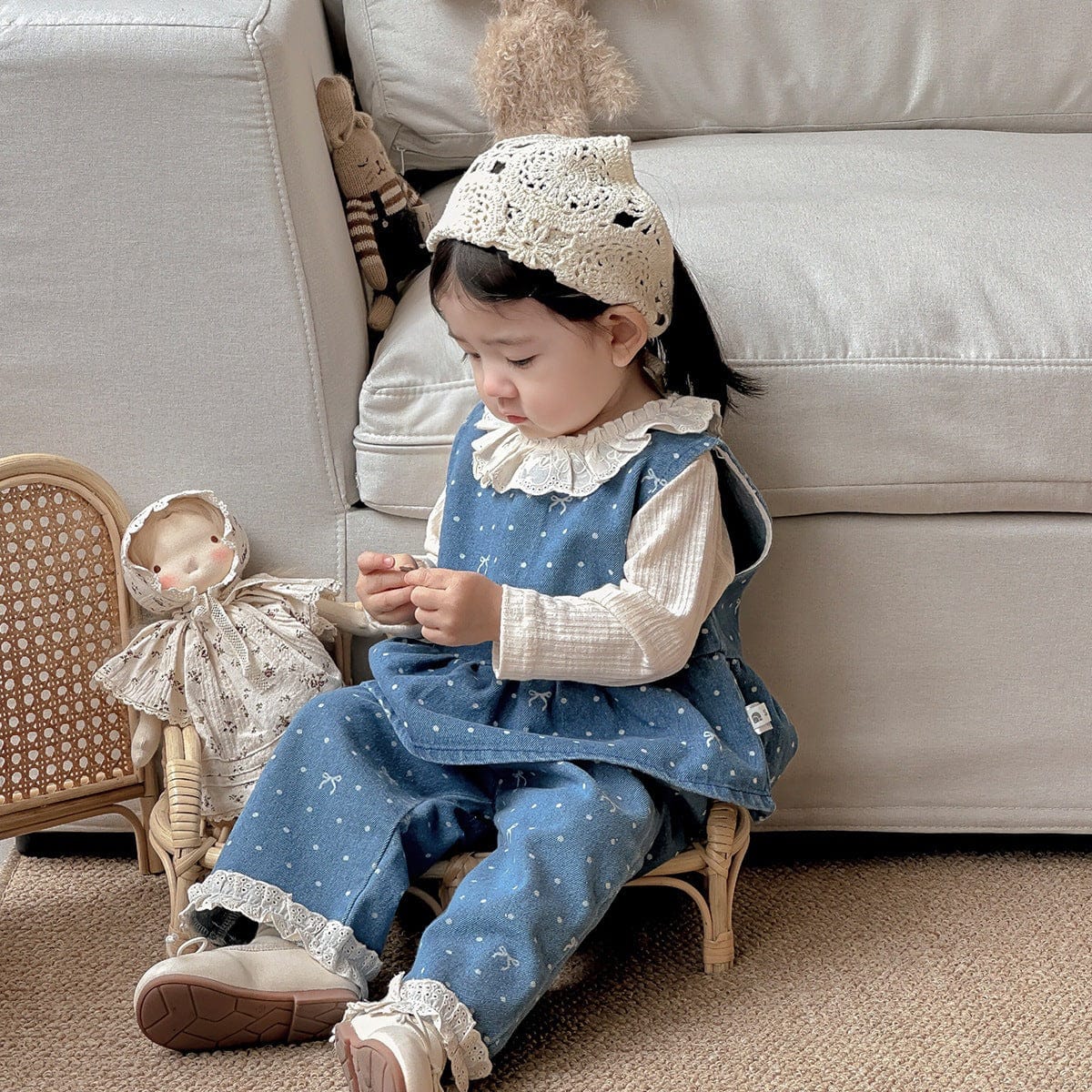 ノースリーブセットアップ ドットリボンデニムベスト+パンツセットアップ 2点セット【mh0011020】