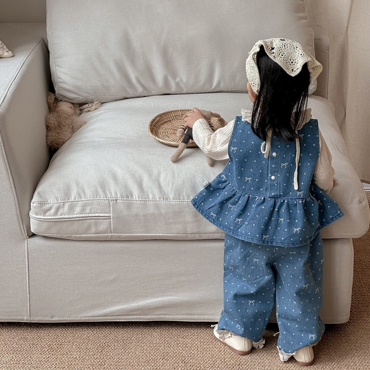 ノースリーブセットアップ ドットリボンデニムベスト+パンツセットアップ 2点セット【mh0011020】